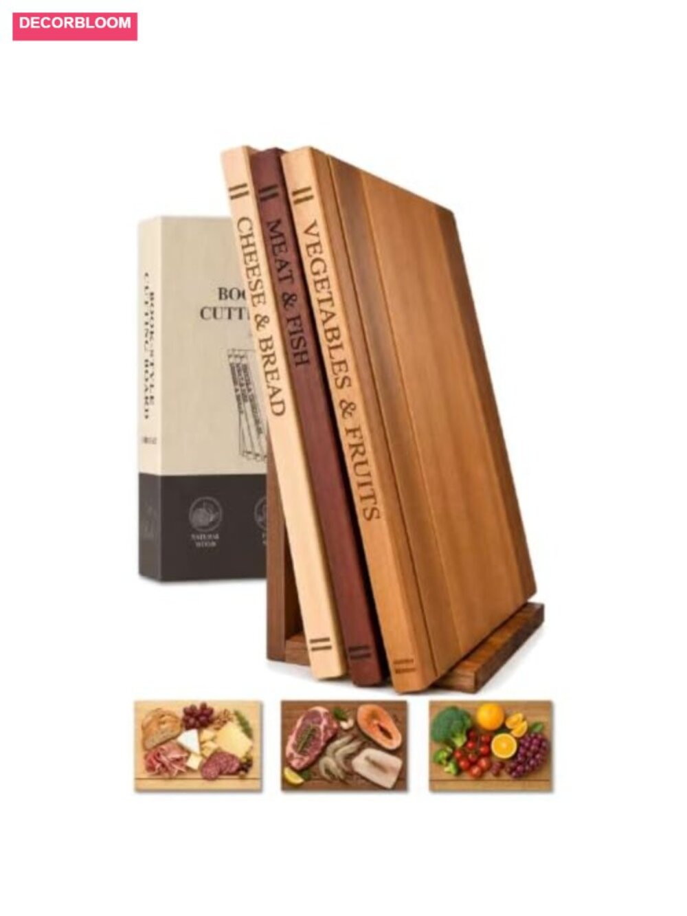 Wood Cutting Board Set 3 Book Shaped with Storage Stand Kitchen